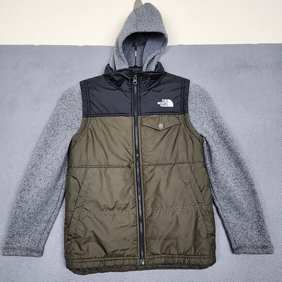 The North Face Jacket Boys 10/12 Olive Black Hooded Insulated Hybrid NF0A3NH9 - Picture 1 of 10